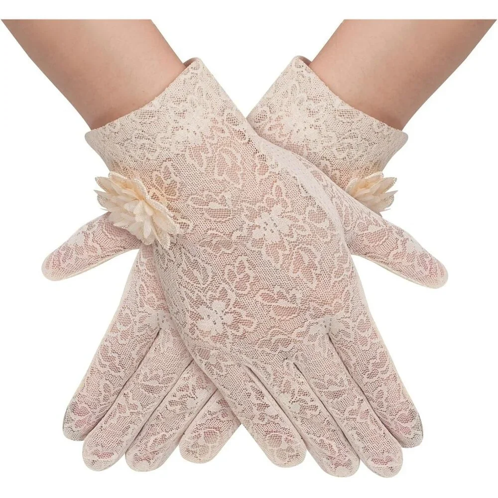 Women's Floral Beige Short Lace Gloves Wedding Halloween Cosplay Party Prom